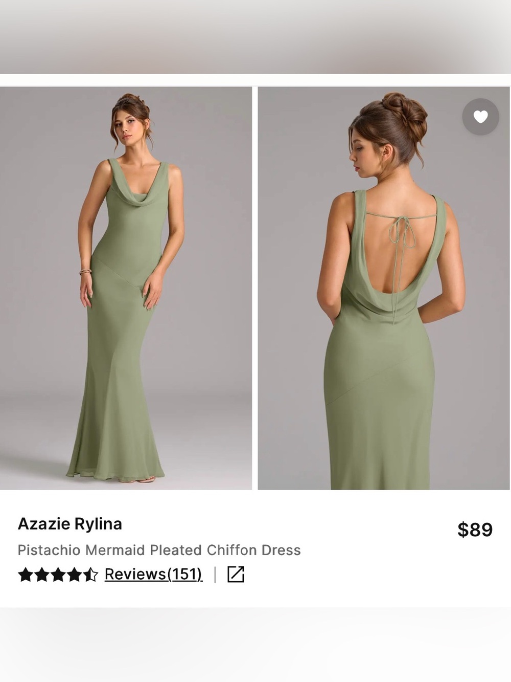 NWT Pistachio Cowl-Back Mermaid Chiffon Dress